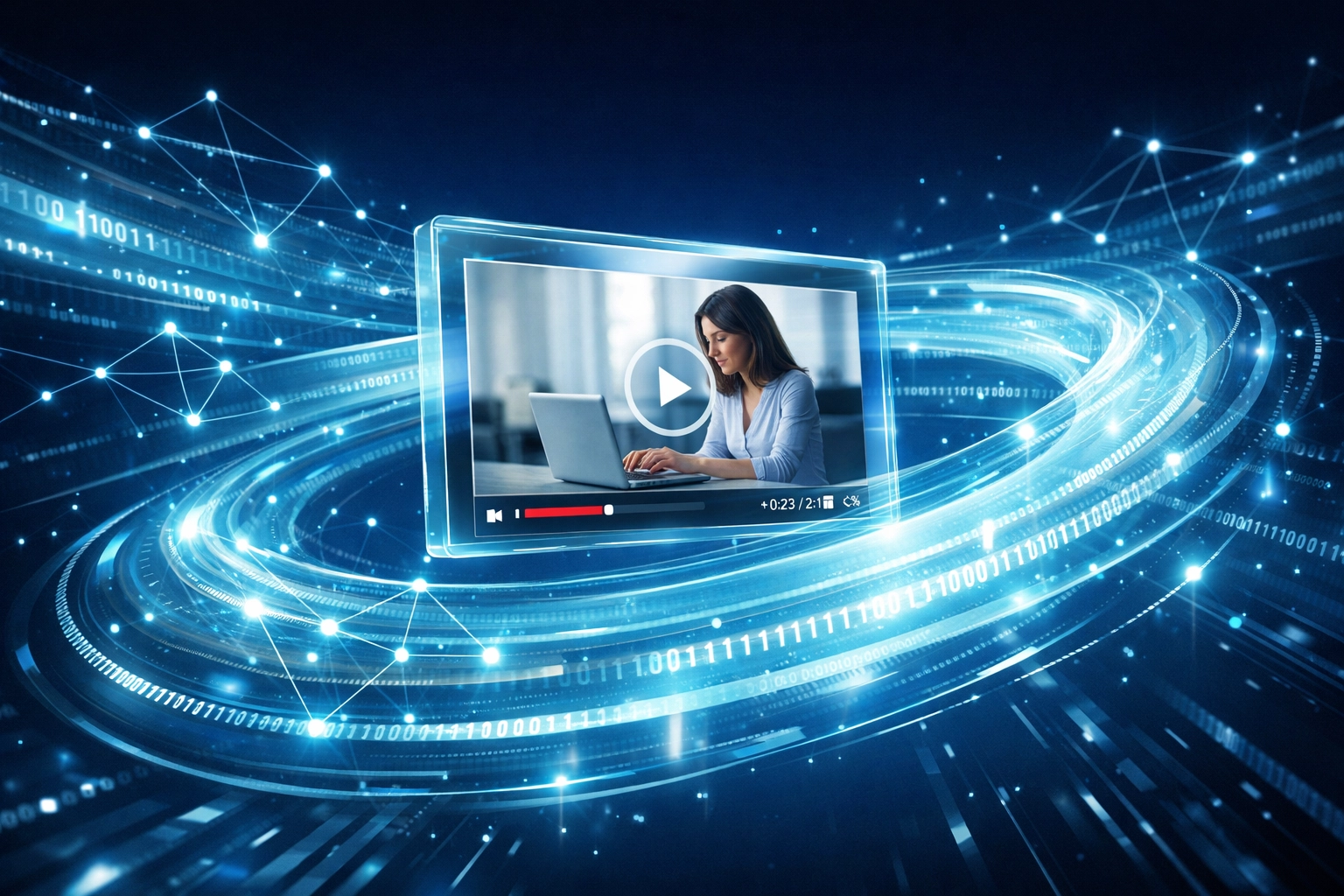 Digital data streams and nodes illustrating how AI search engines index video resume content.