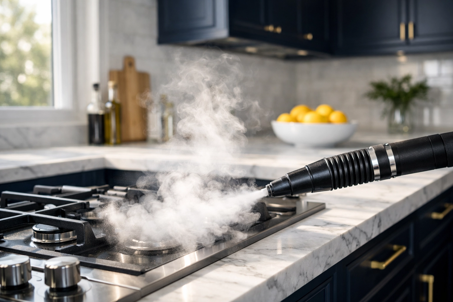 Professional steam cleaning nozzle sanitizing a modern kitchen stovetop without chemicals.