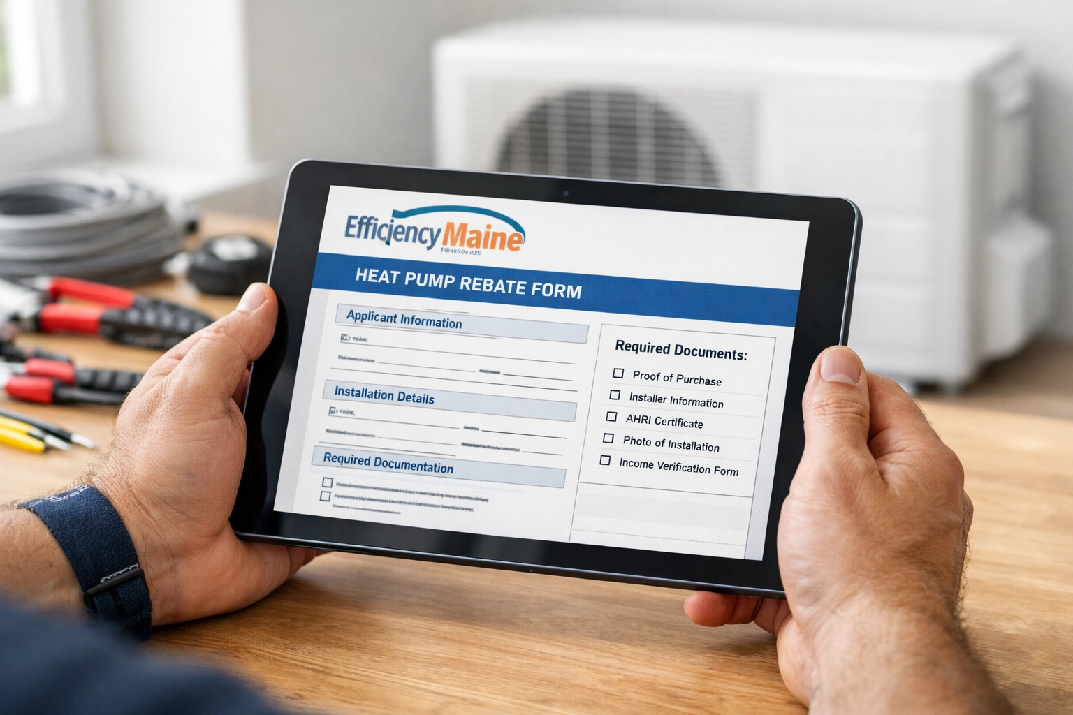 Electrician reviewing Efficiency Maine rebate forms for heat pump installation project