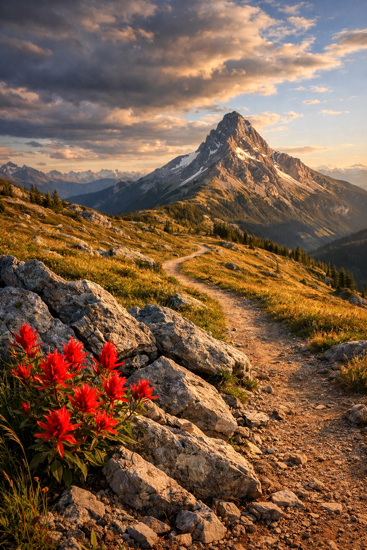 Landscape photo using a winding path and flowers as leading lines to fix landscape photography composition mistakes.