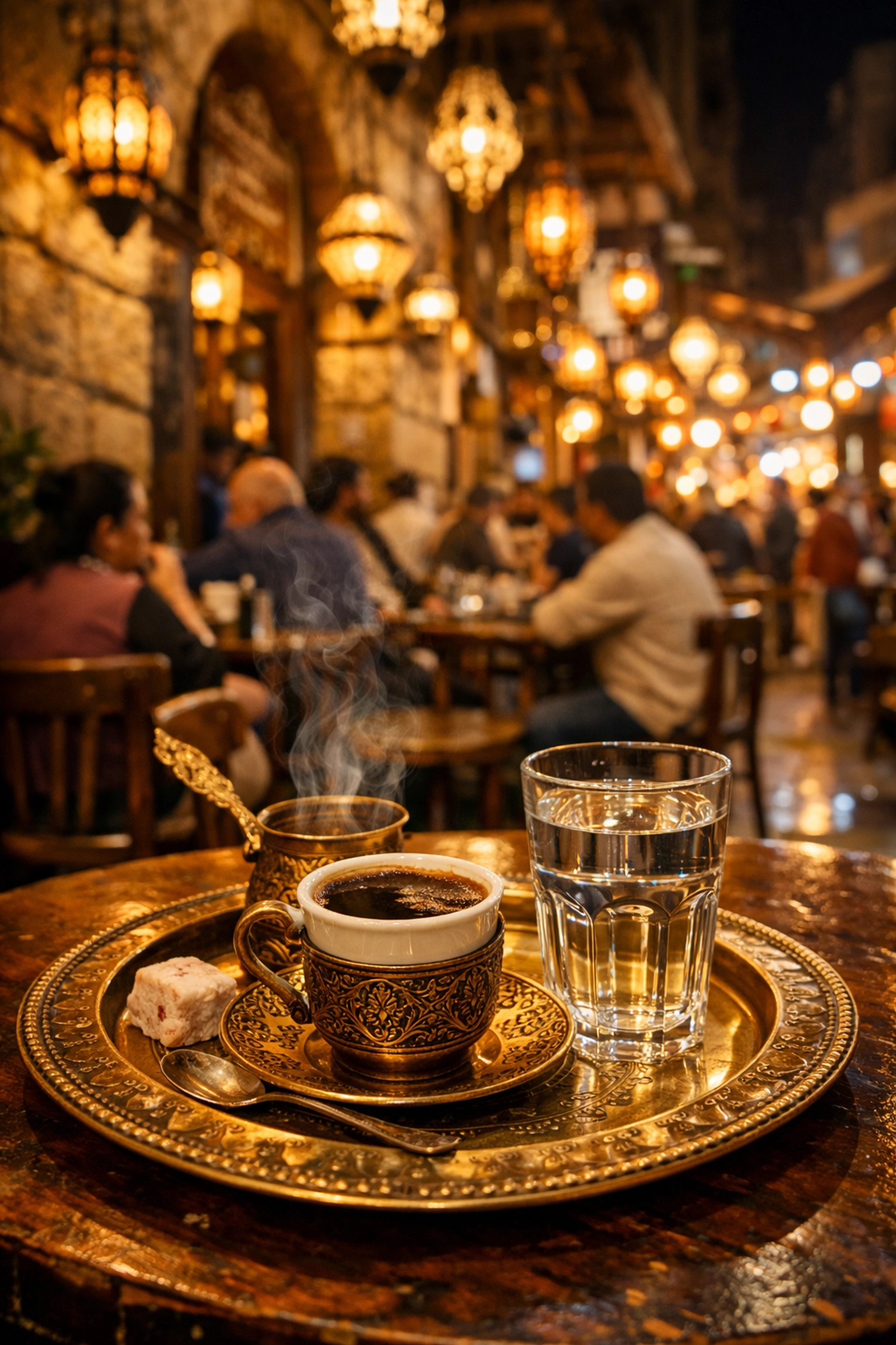 Traditional Egyptian coffee served at a historic cafe in the Khan el-Khalili market of Cairo.