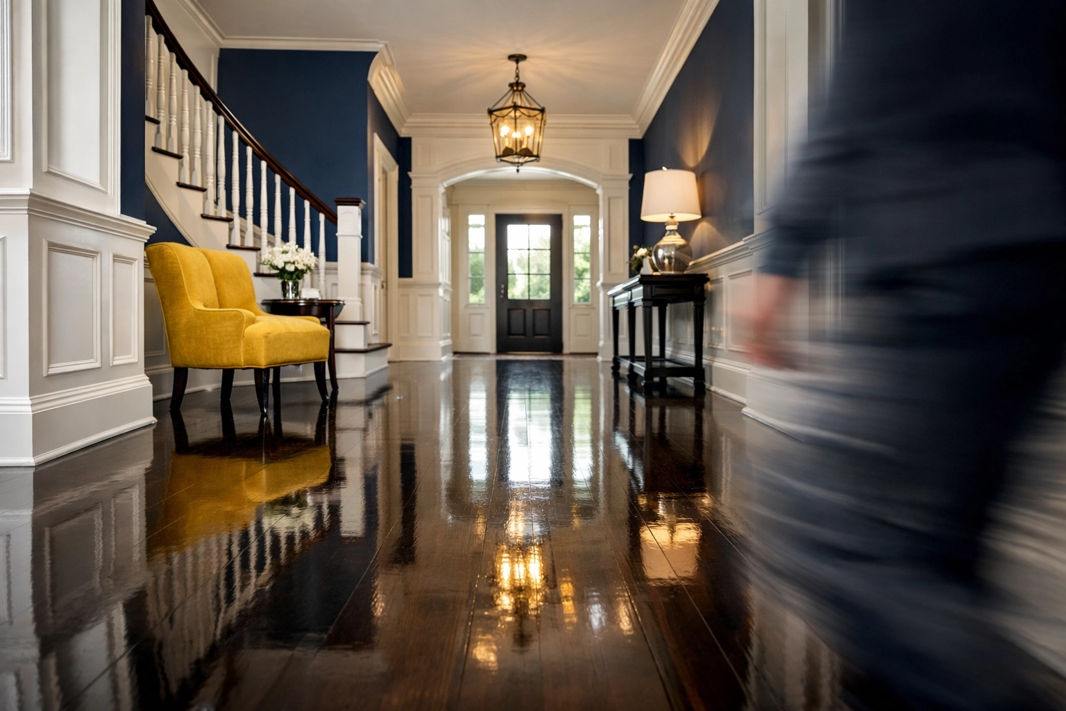 Spotless Groton home entryway with polished hardwood floors reflecting professional cleaning efficiency.