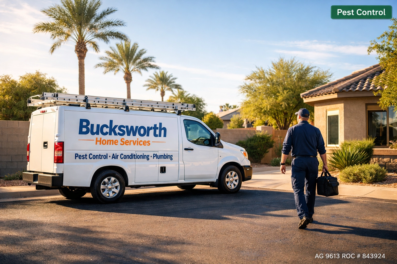 Bucksworth Home Services truck in a Chandler AZ neighborhood for year-round residential pest control services.