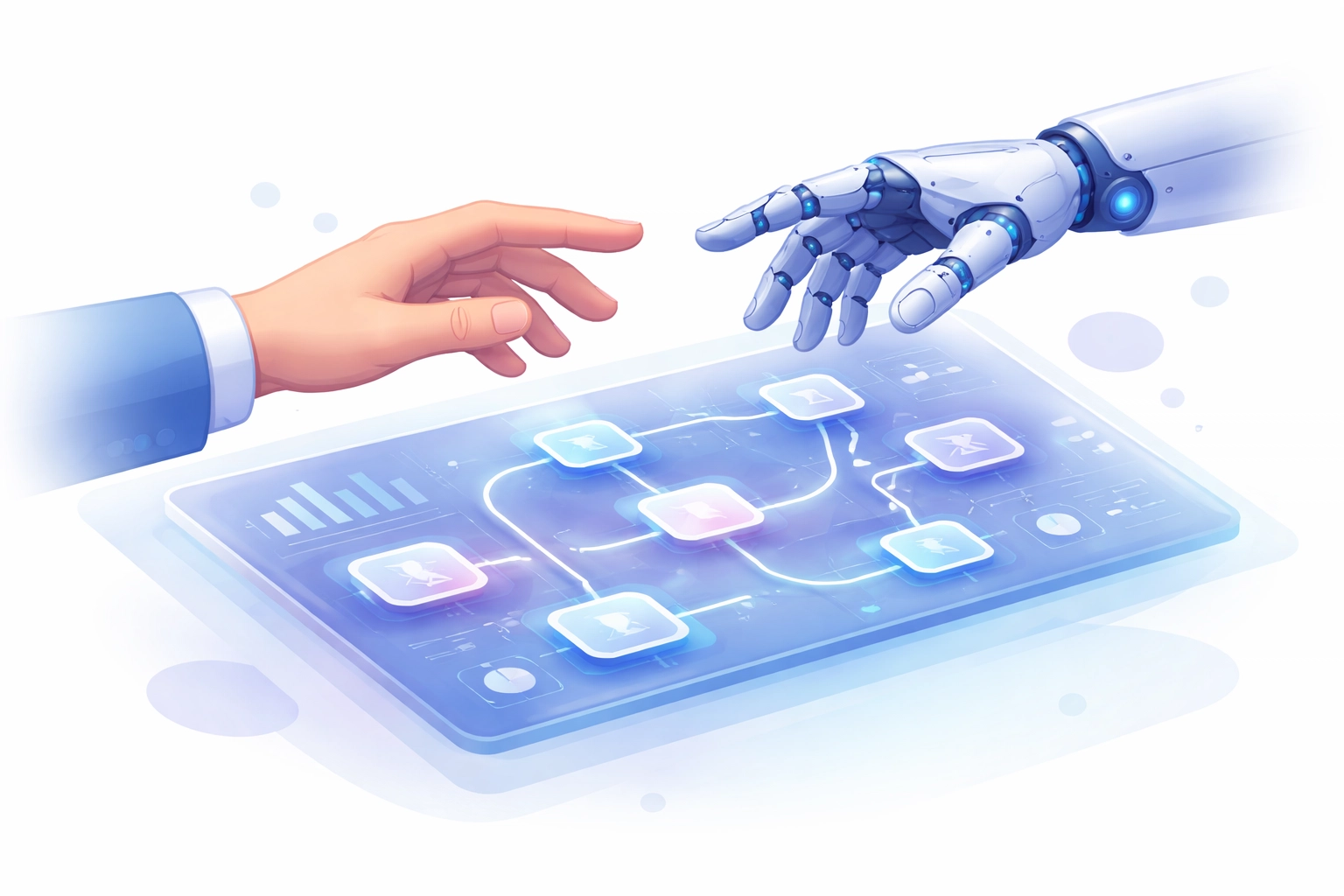 Human and robotic hands collaborating over a digital workflow dashboard, symbolizing AI governance partnership