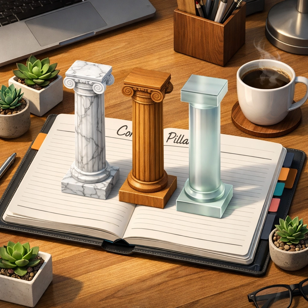 Content marketing pillars illustrated as columns on a planner for a structured small business marketing plan.