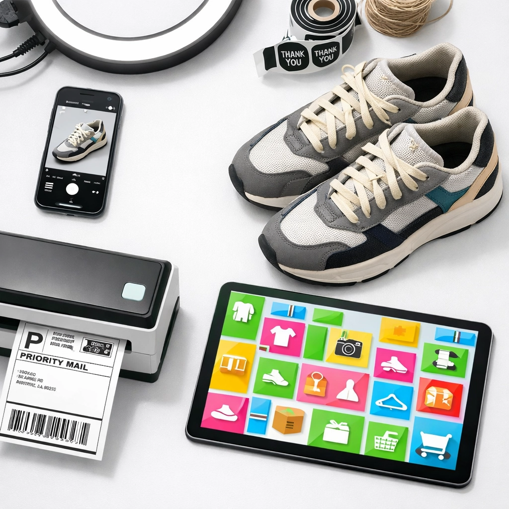 Reseller command center with listing tools and sneakers, optimized for a profitable reselling operation.