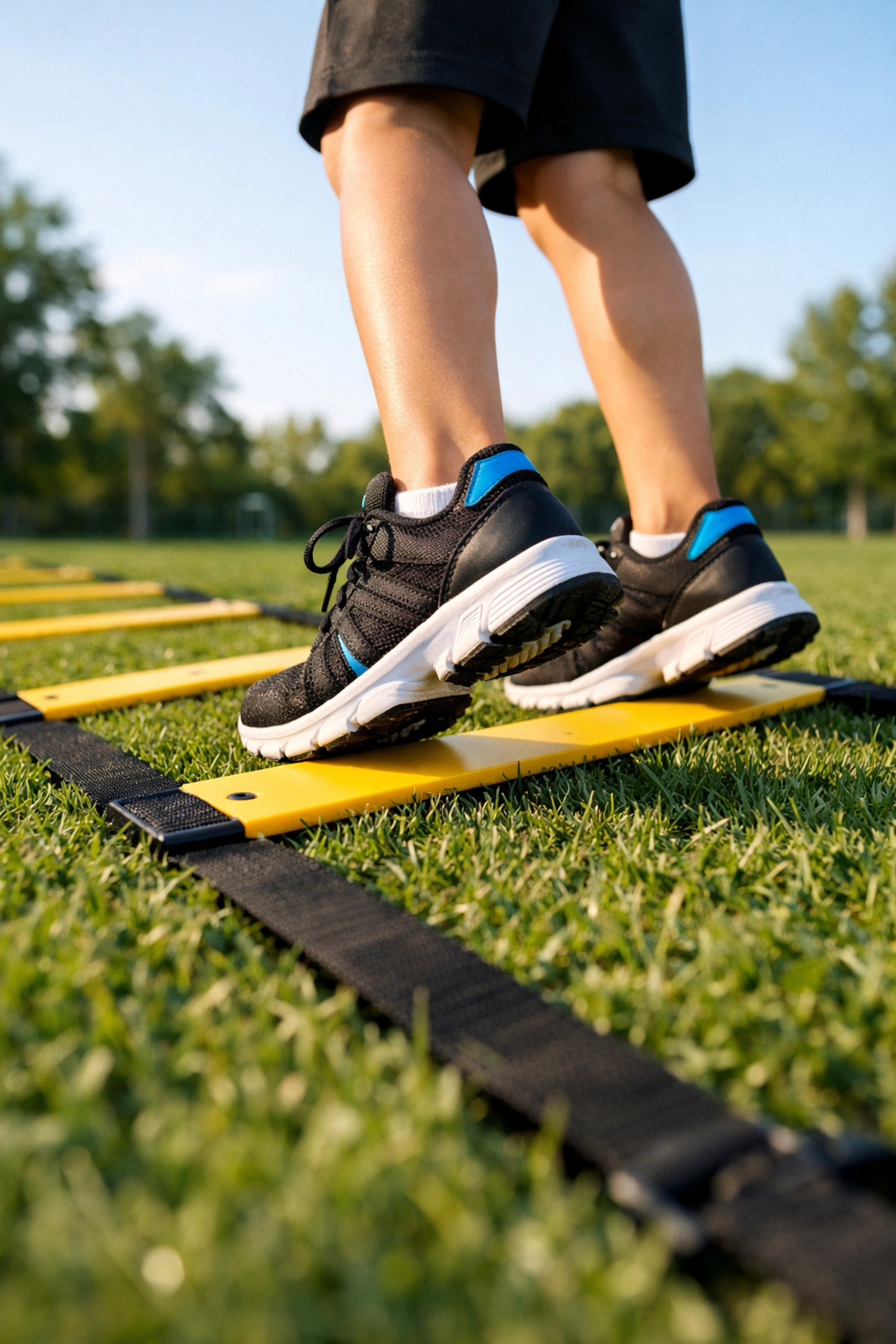 Detailed view of proper footwork technique within a speed training ladder during an agility drill.