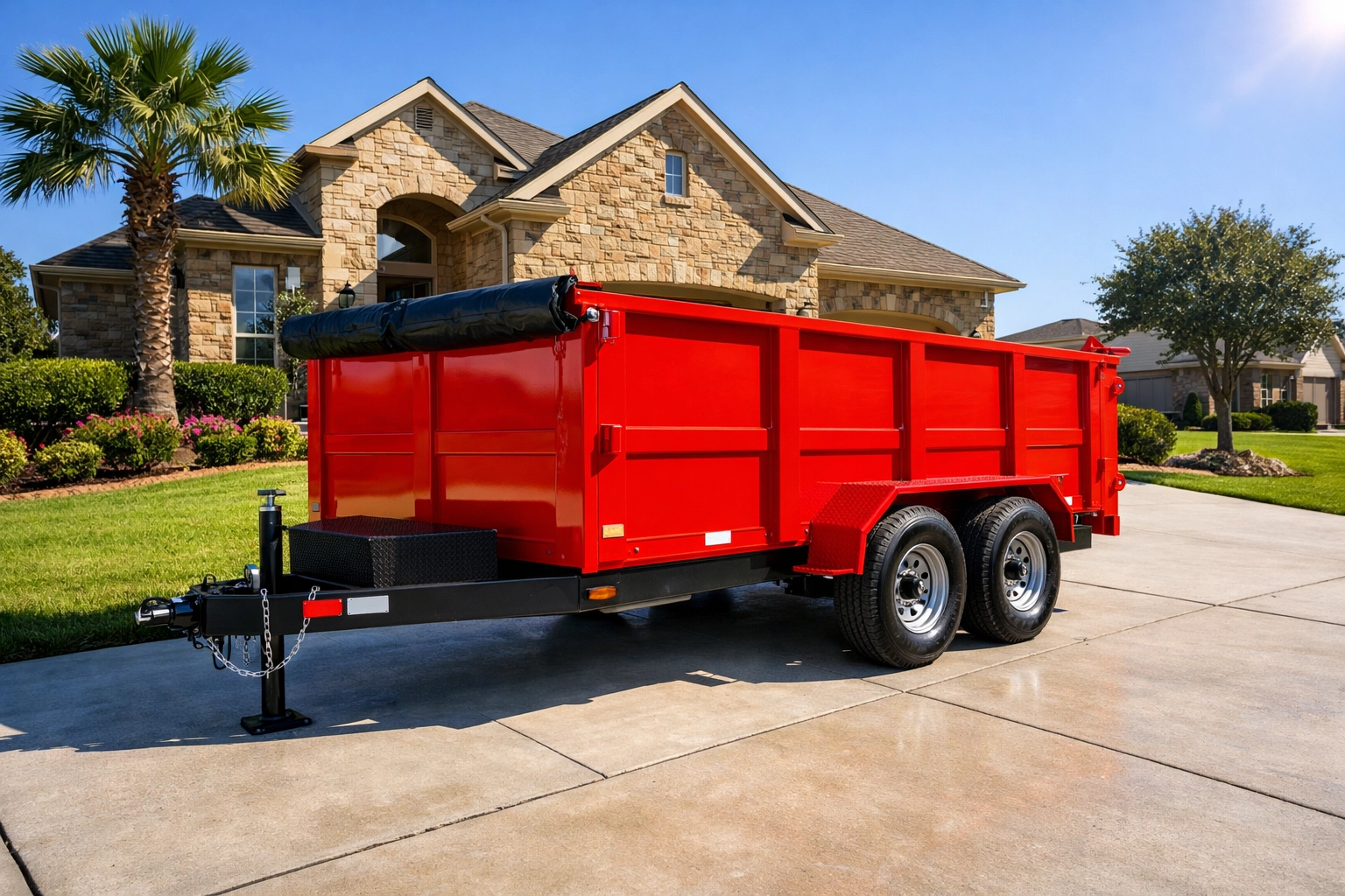 Driveway-safe dumpster rental League City showing a red trailer parked neatly at a suburban home.