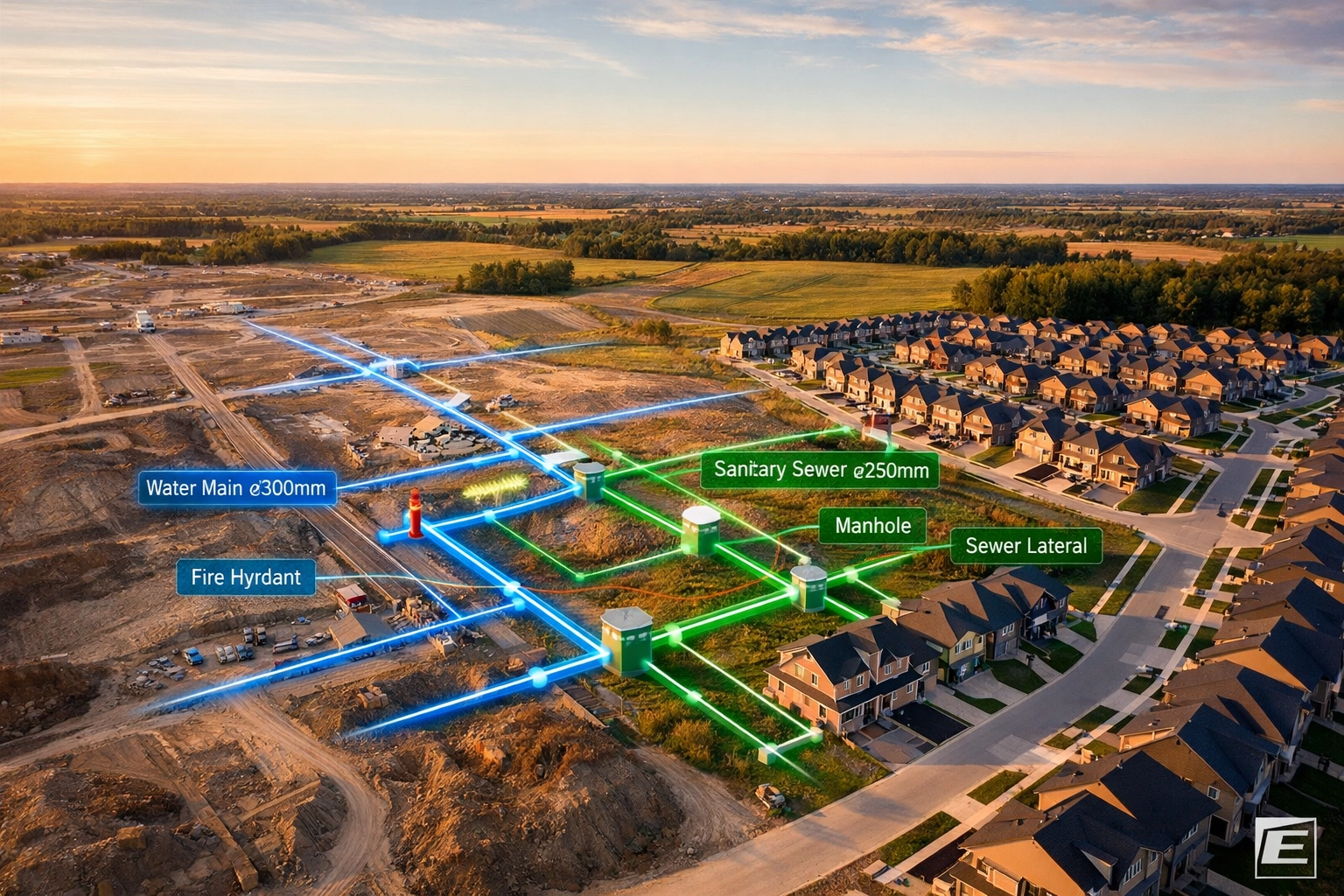 Aerial view of Ontario development site showing underground water and sewer infrastructure overlays.