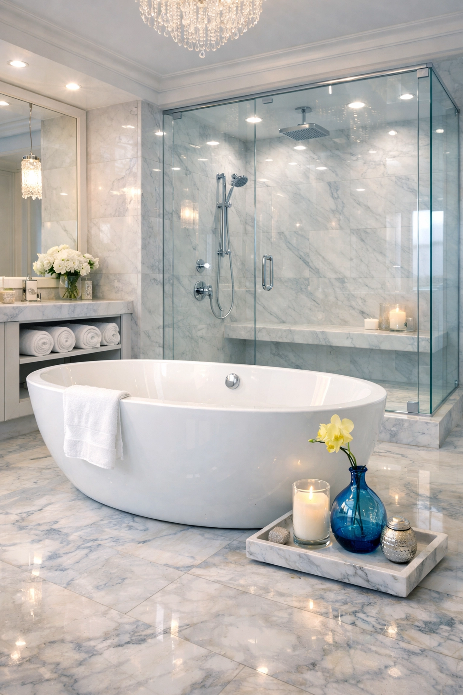 Deep cleaned luxury bathroom in Bolton, MA with a sparkling glass shower and polished marble floors.