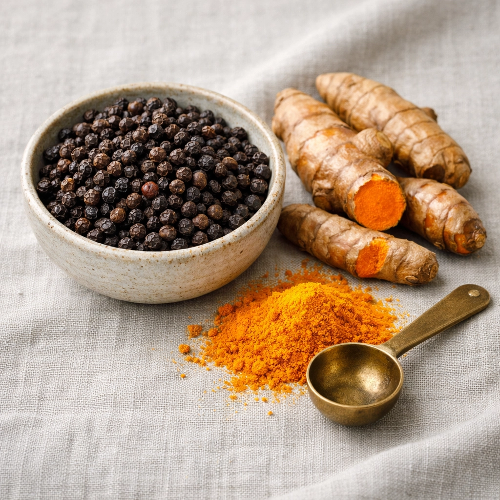 Whole Tellicherry black pepper and turmeric, a must-have when you buy authentic Kerala spices online.