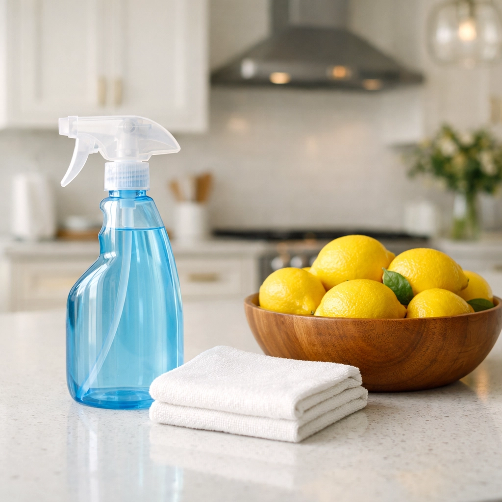 Eco-friendly cleaning supplies on a clean white quartz countertop in a Norfolk home.