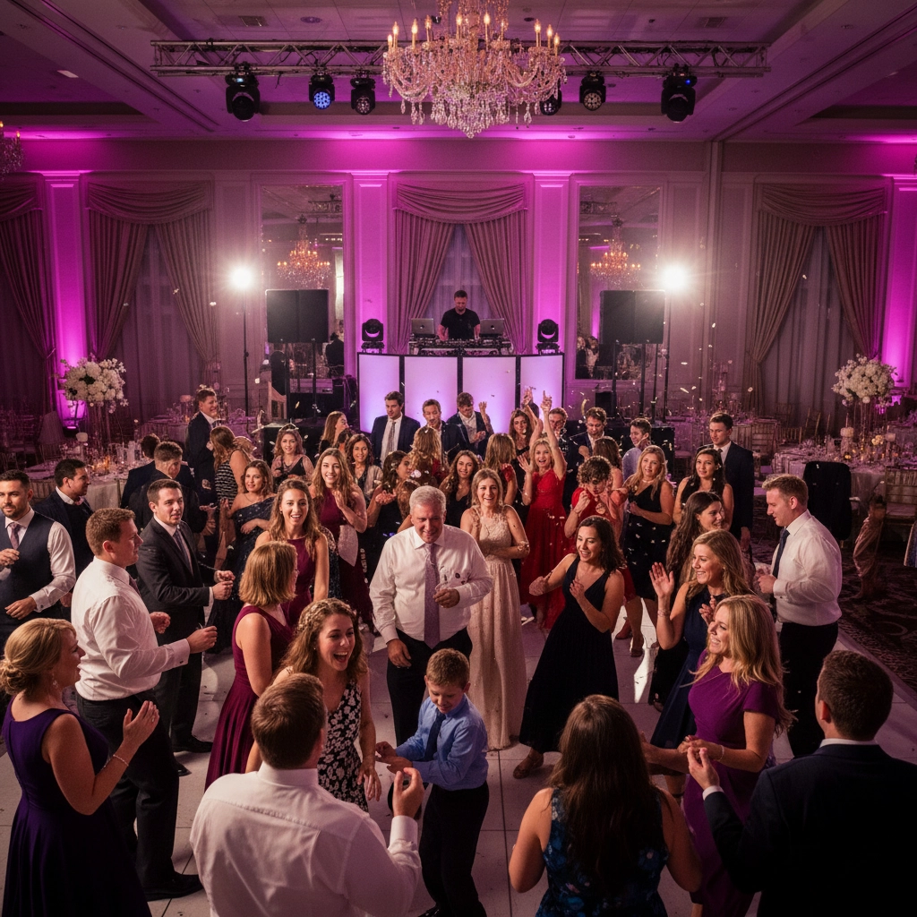 People dancing energetically at a wedding reception under pink lighting, with a DJ and chandeliers in a grand ballroom setting.