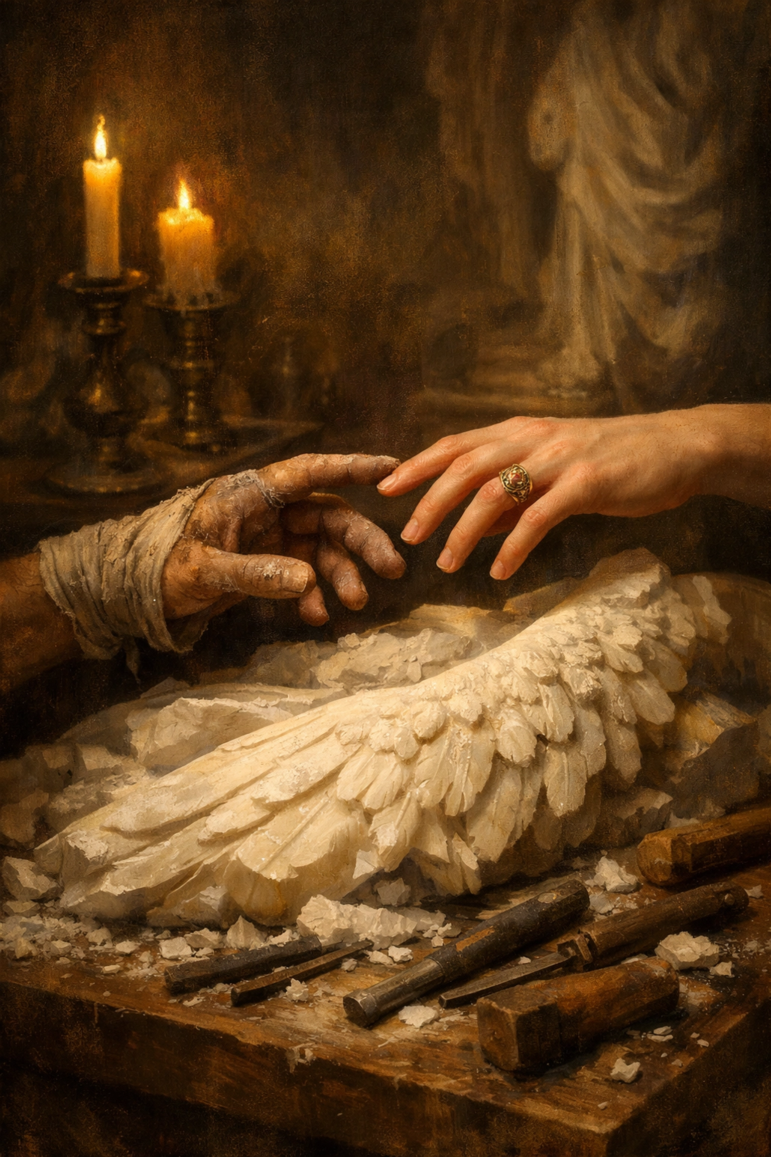 Two men's hands nearly touching over marble angel wing sculpture - Renaissance gay forbidden love