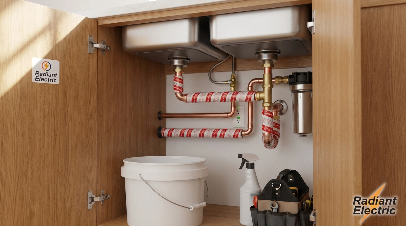 Copper water pipes with heat tape under a kitchen sink in a Metro Atlanta home, protecting against freezing