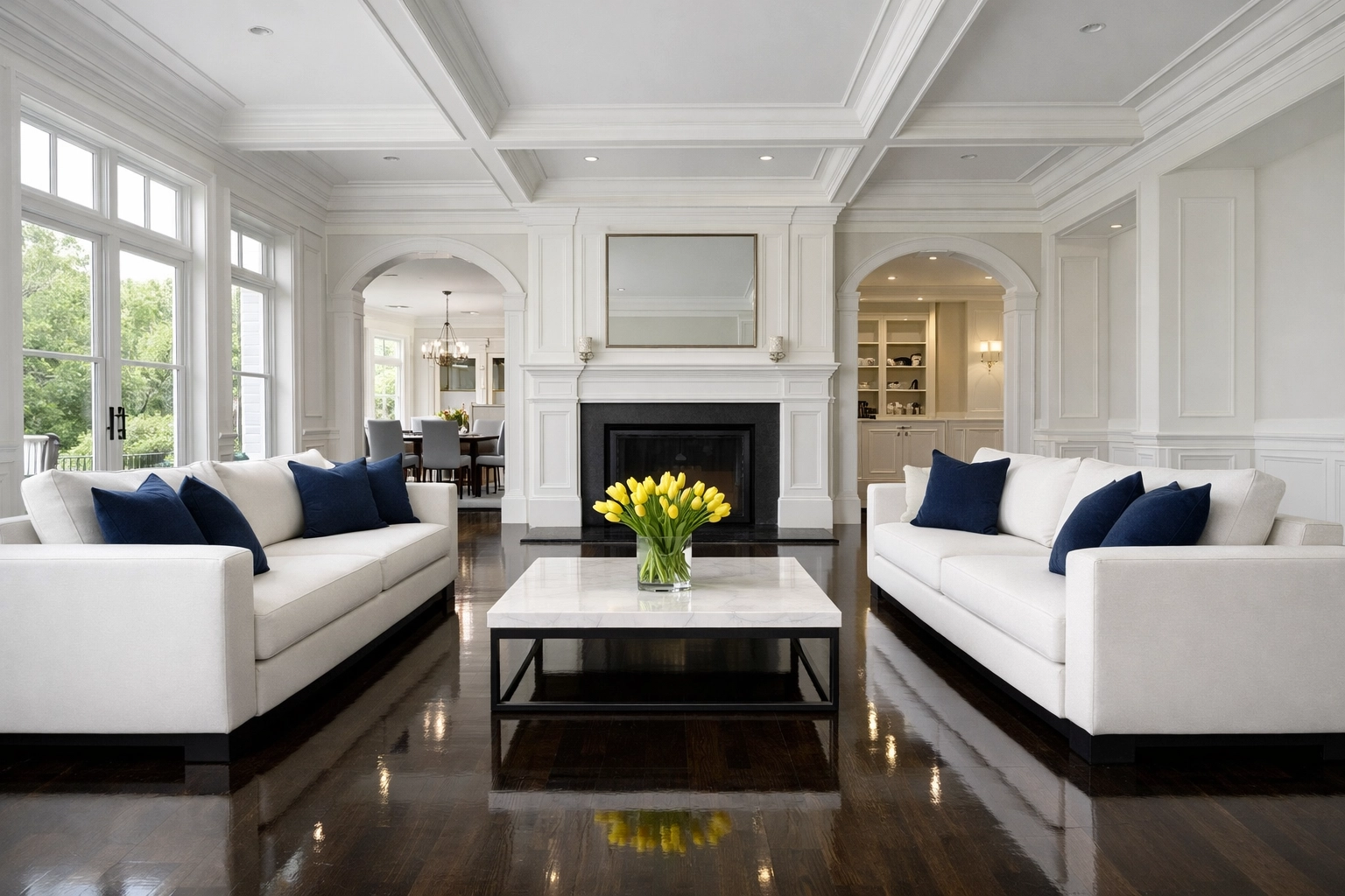 Spotless living room in Wellesley MA with polished hardwood floors and tidy decor after a professional deep cleaning.