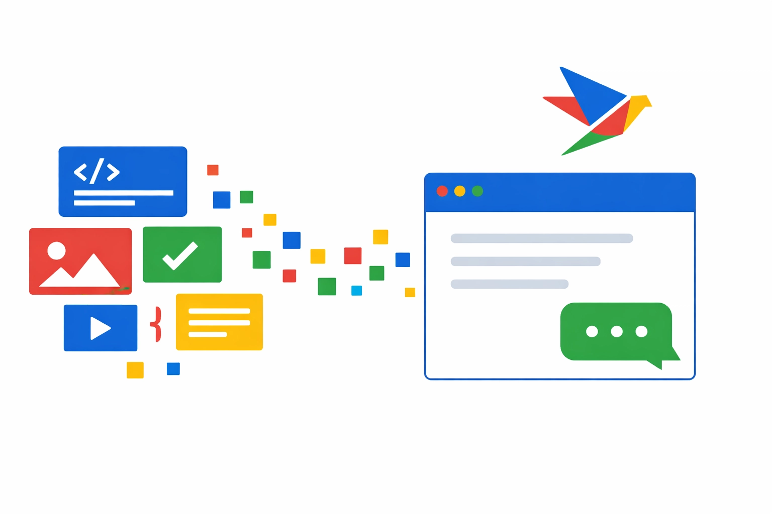 Minimalist geometric, color-blocked interface elements on a clean white background showing an organized snippet library flowing into a message box, with a geometric bird logo theme.