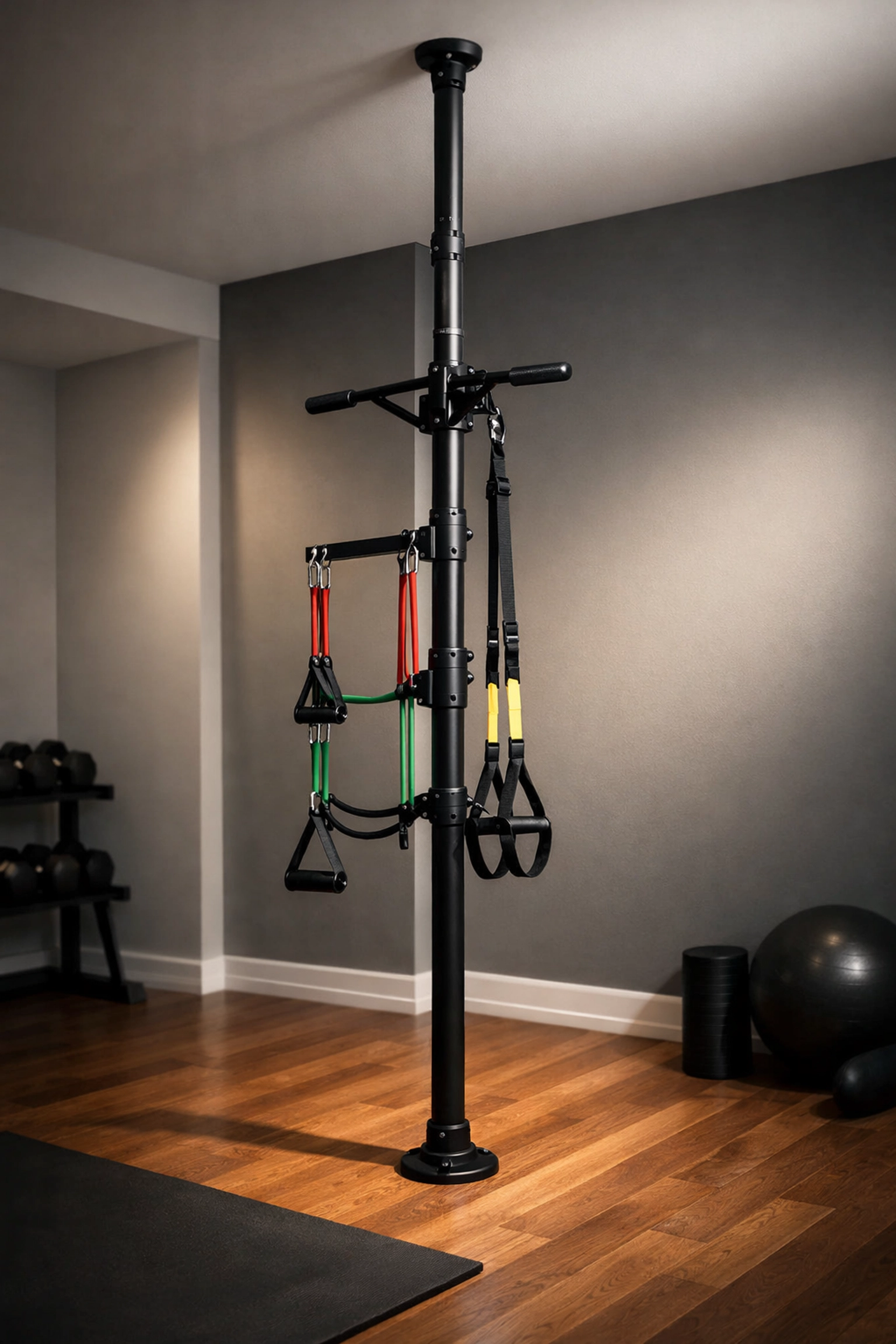 Floor to ceiling training pole with resistance bands and pull-up bar in home gym