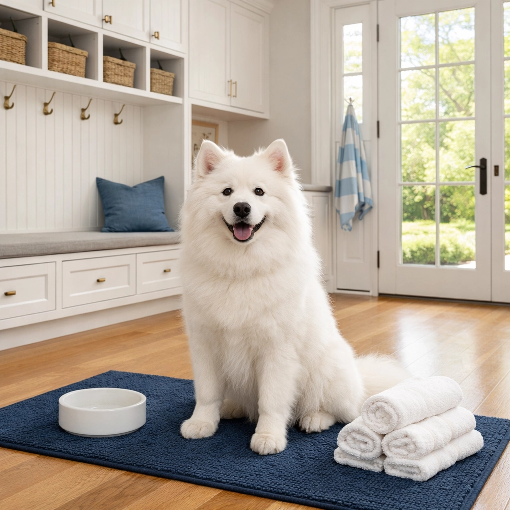 A clean Samoyed dog sitting on an absorbent mat in a pet-friendly Lincoln mudroom.