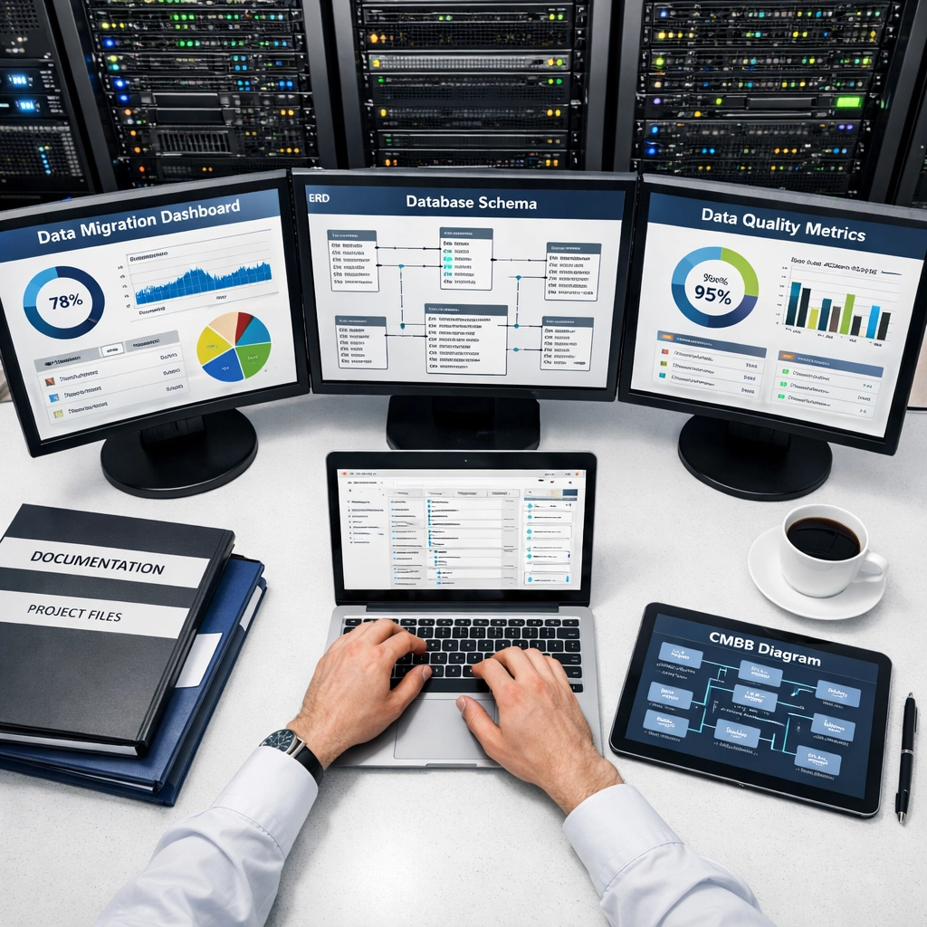 ServiceNow data migration workspace with CMDB dashboards and technical documentation