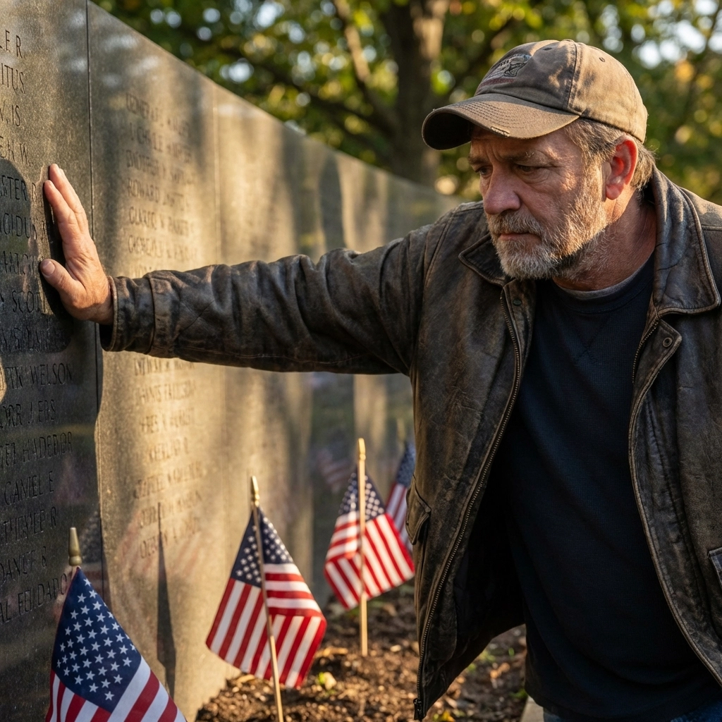 A veteran reflects at a war memorial wall with American flags, honoring sacrifice and national unity
