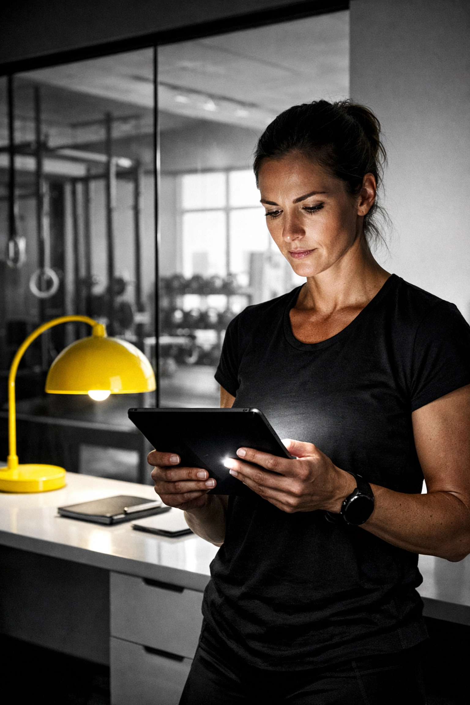 Systems architect fitness business owner managing a scalable model to break £5k fitness plateau from a modern studio office.