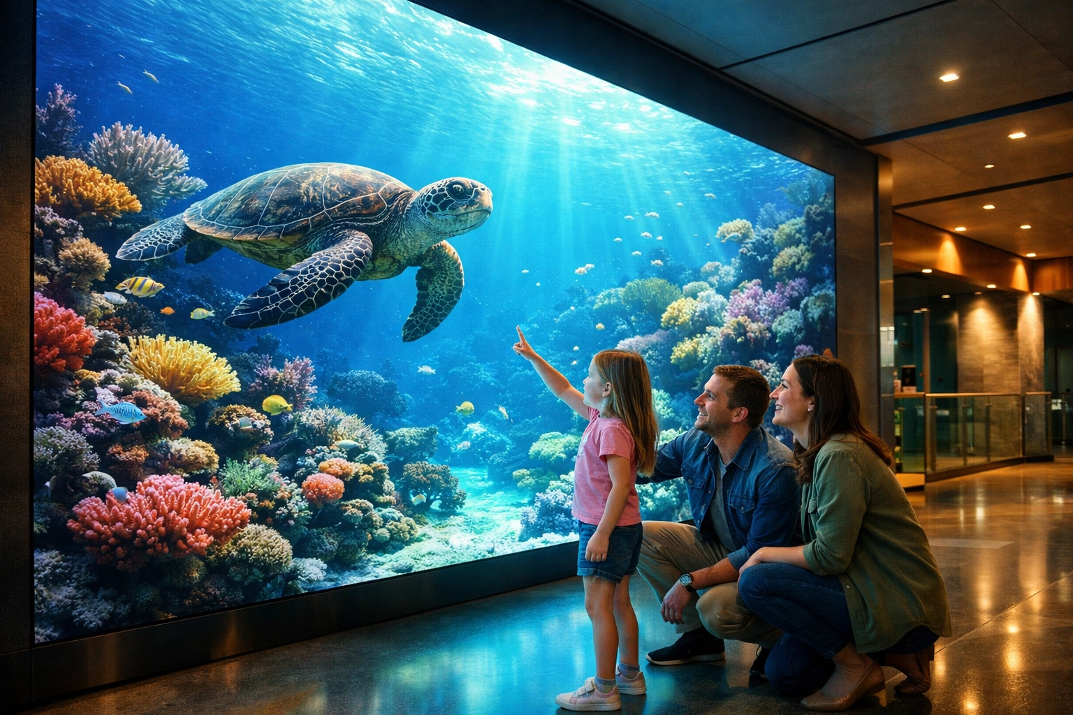 Family interacting with an interactive digital sea turtle display in a modern, tech-forward zoo exhibit.
