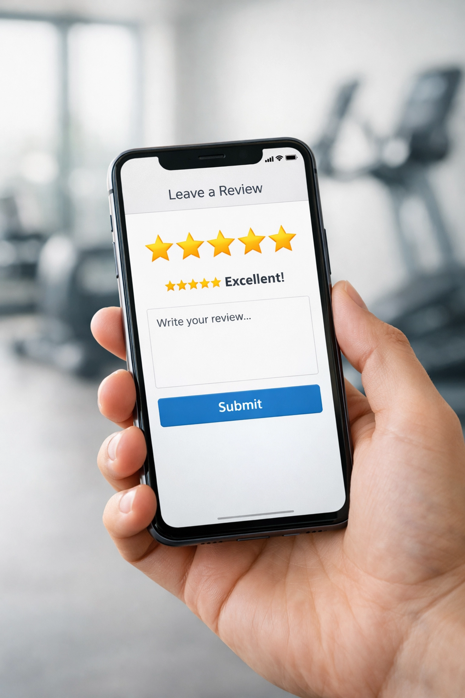 Five-star review interface on smartphone for gym rating and feedback