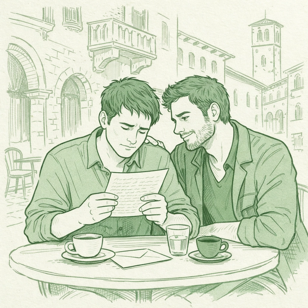 Two men share an intimate moment at a Verona café reading love letters in MM romance story