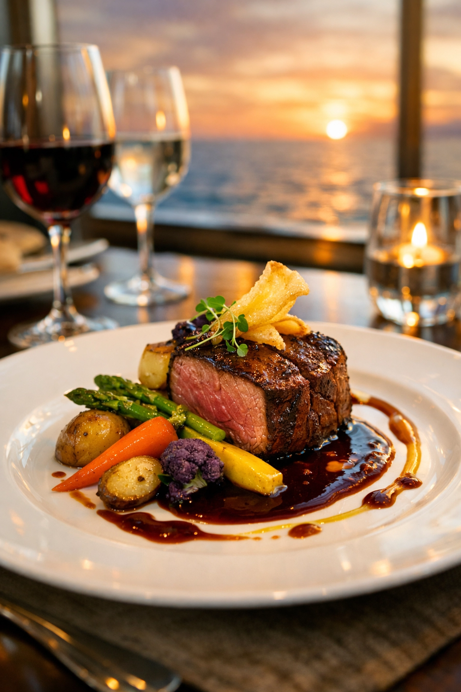Gourmet steak dinner at cruise ship specialty restaurant with ocean sunset view