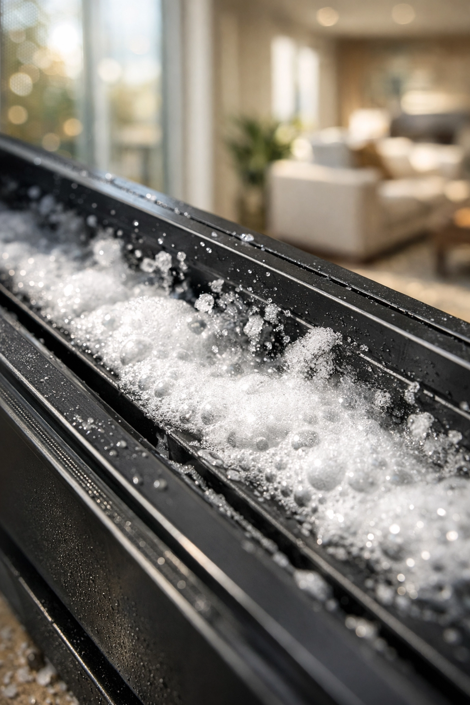 Baking soda and vinegar fizzing in a window track to lift heavy construction dust and grime.