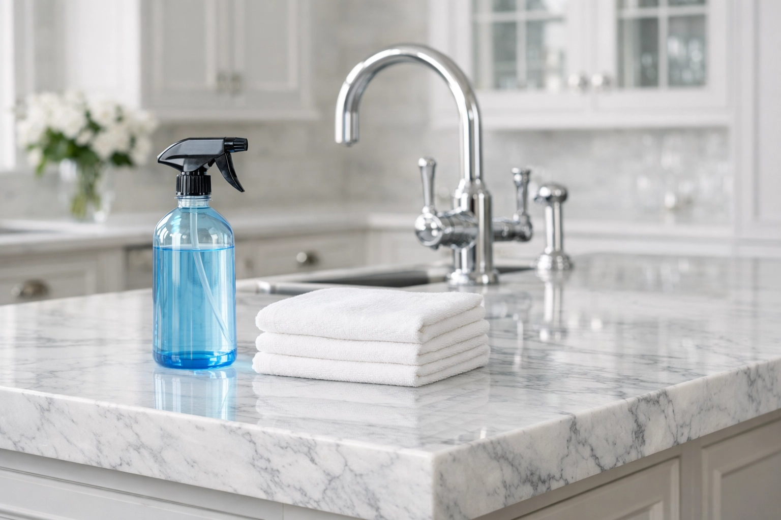 Professional care for a Carrara marble kitchen island in a high-end Sudbury residence.