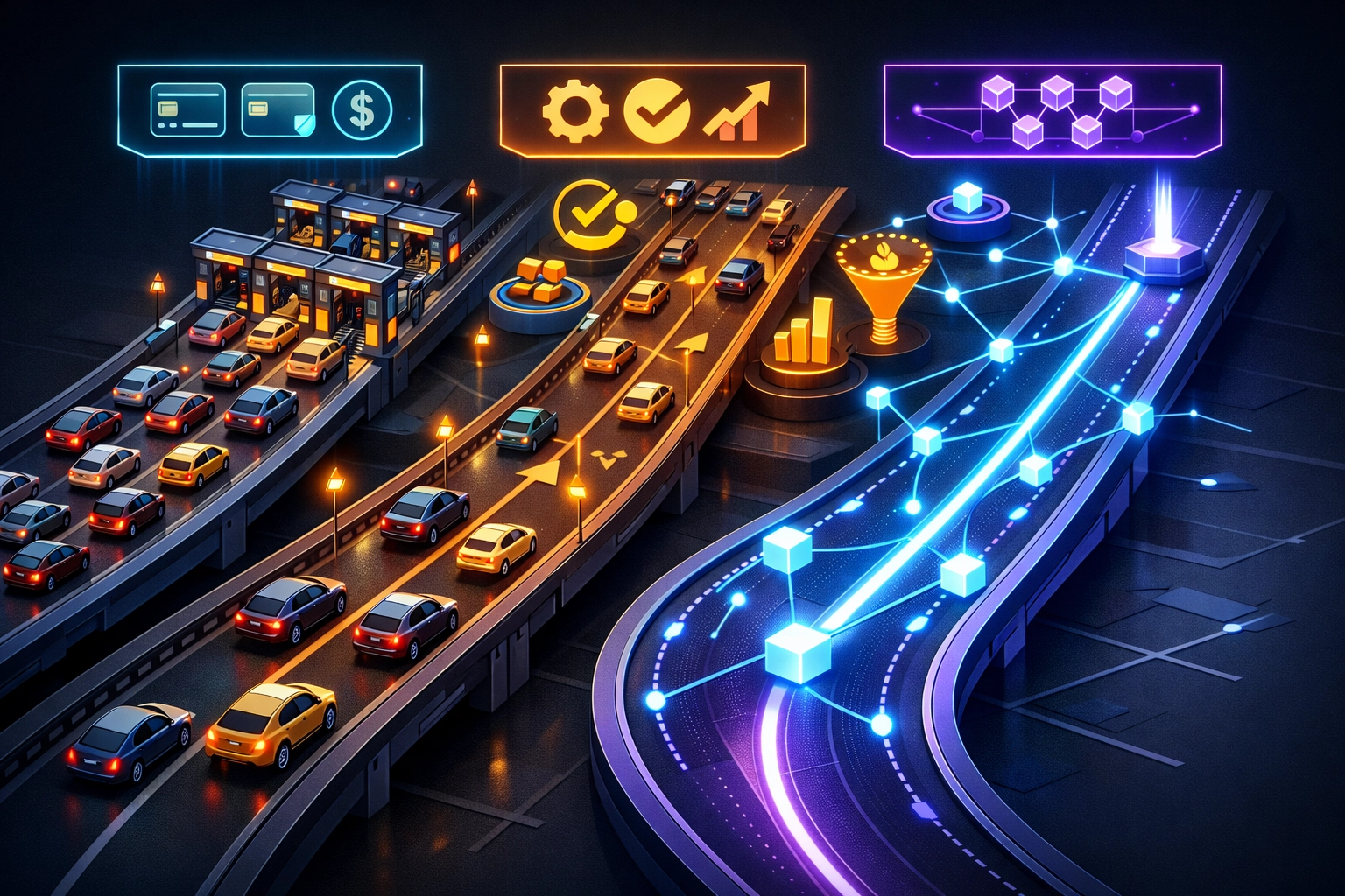 Three payment processing pathways showing traditional, optimized, and blockchain self-custody options