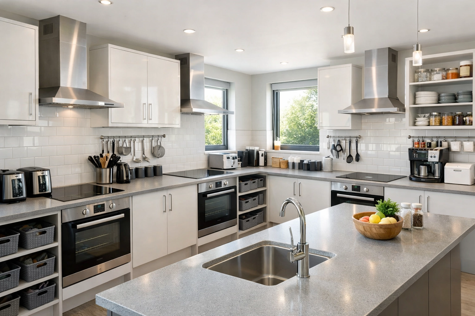 Modern HMO kitchen design with shared facilities and cooking stations