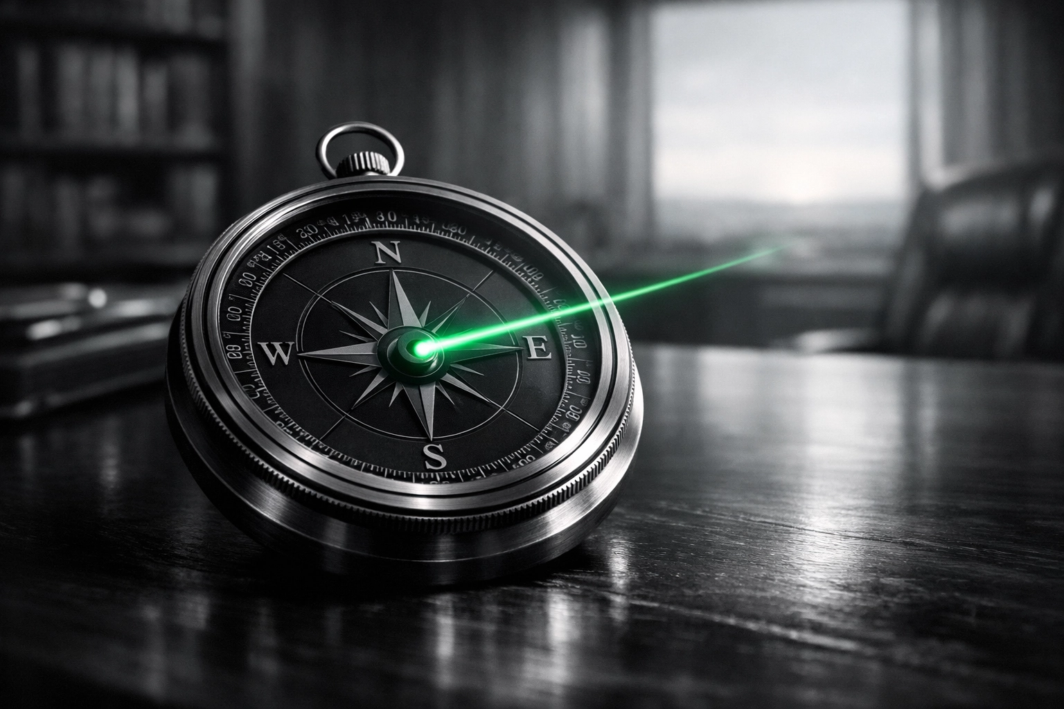 A compass on an executive desk with a green light beam symbolizing organizational health and leadership direction.