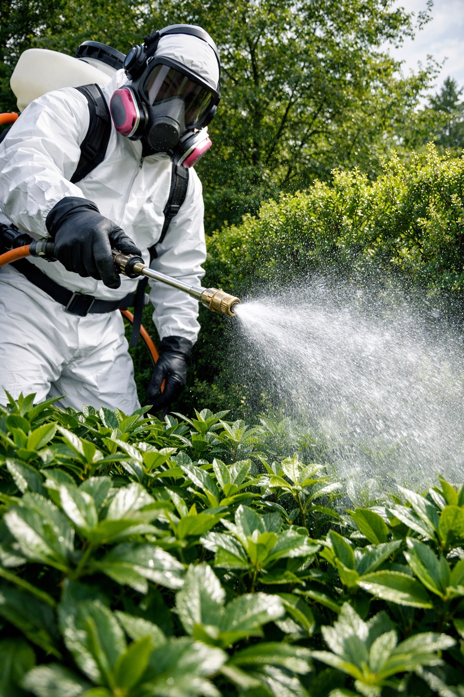 Professional pest control technician performing a tick prevention treatment on a Westchester property.