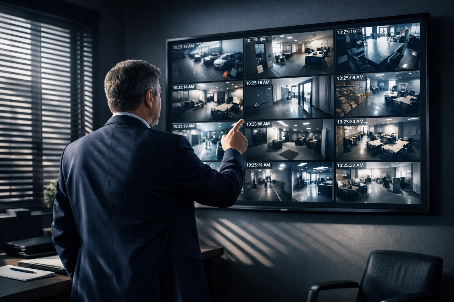 Business manager reviewing security camera footage on display during system pilot testing