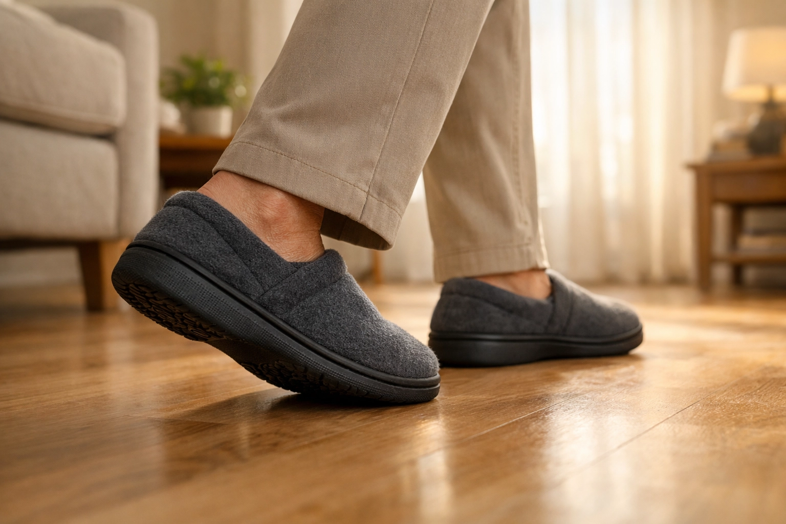 Senior in non-slip slippers and hemmed trousers walking on a flat floor to avoid tripping hazards.