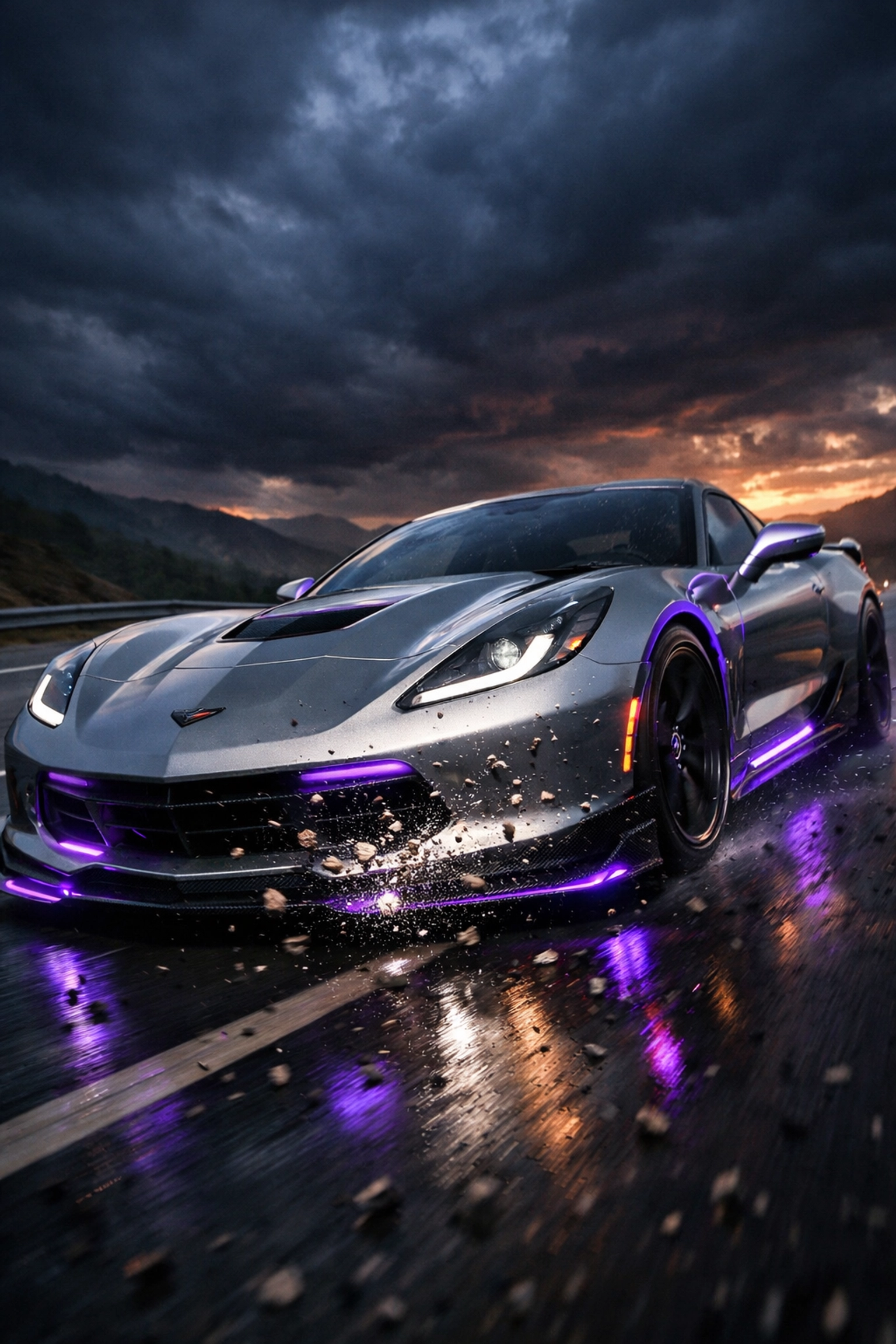 Sports car protected with PPF driving on North Carolina highway in harsh road conditions