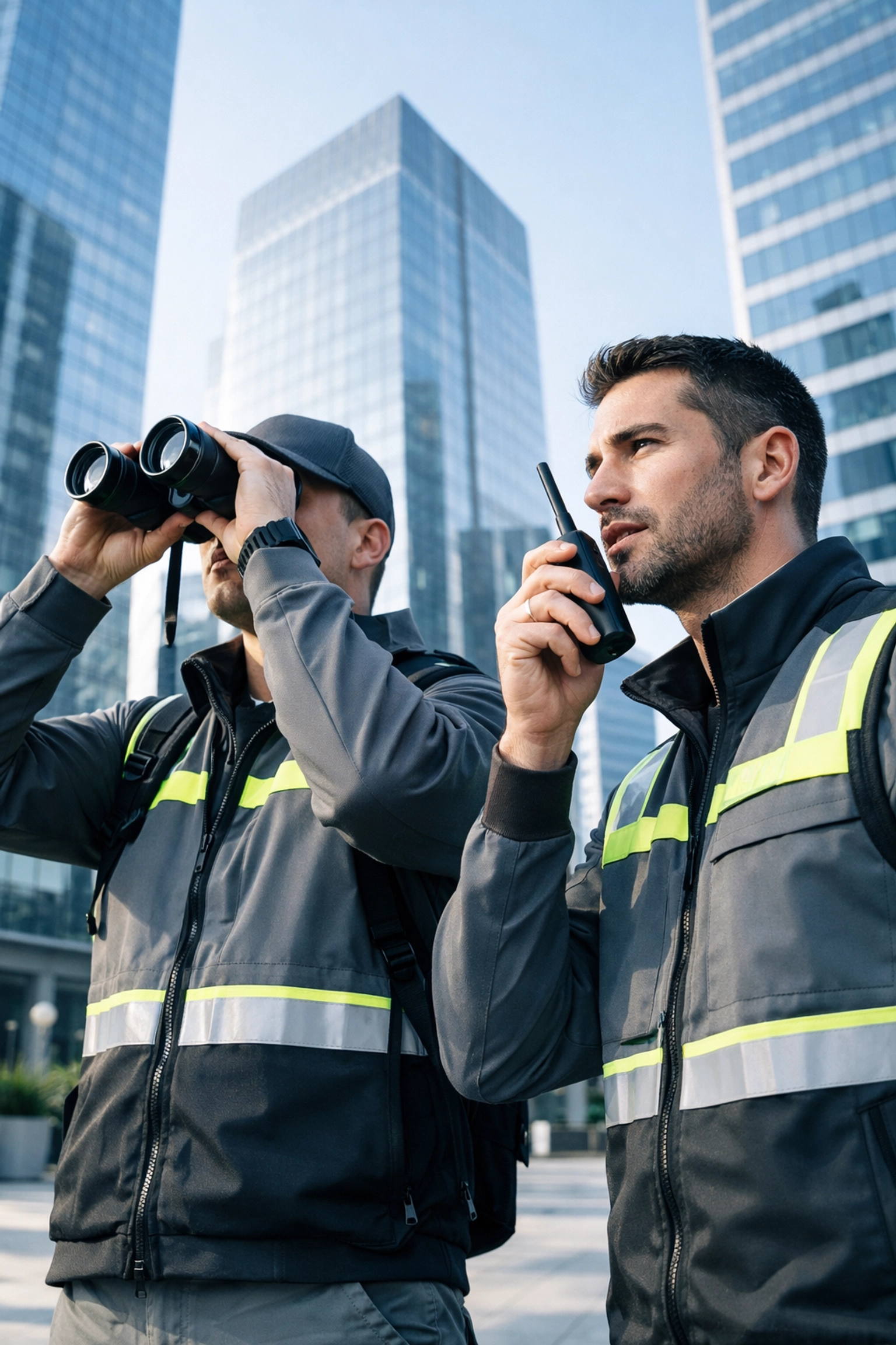 Emergency response volunteers monitoring an urban area during a community disaster exercise.