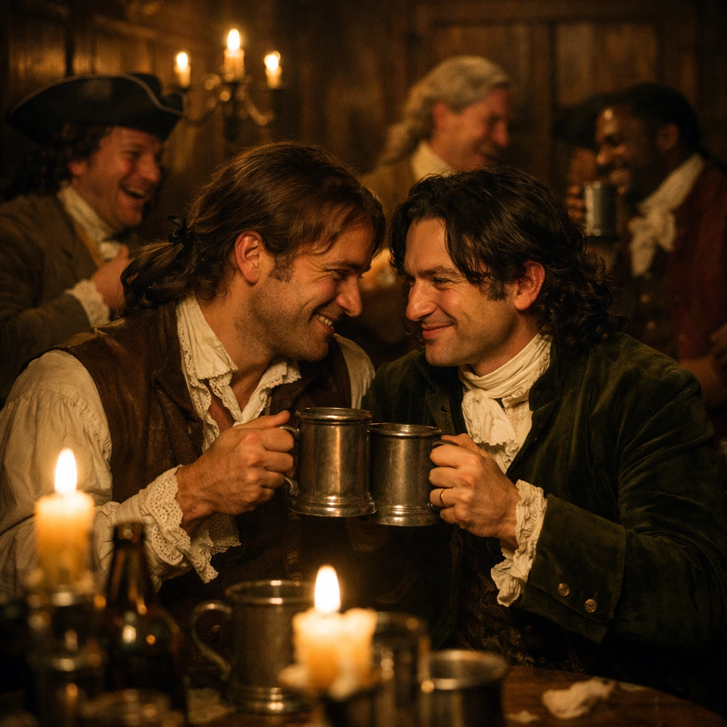 Men in 18th-century attire gather in a secret London Molly House tavern sanctuary, sharing a private moment.