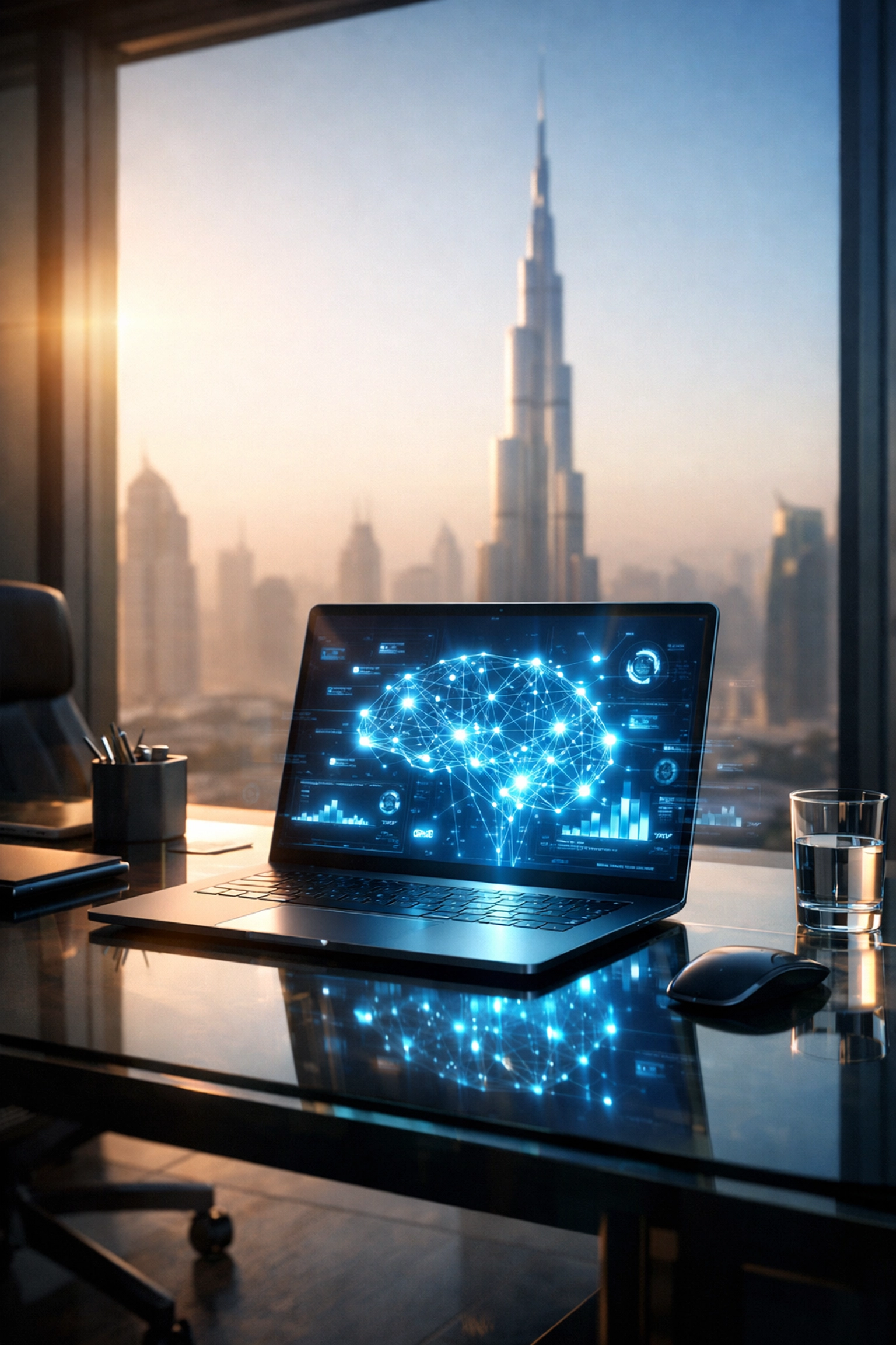 Laptop with digital AI interface on a desk overlooking the Burj Khalifa in Dubai