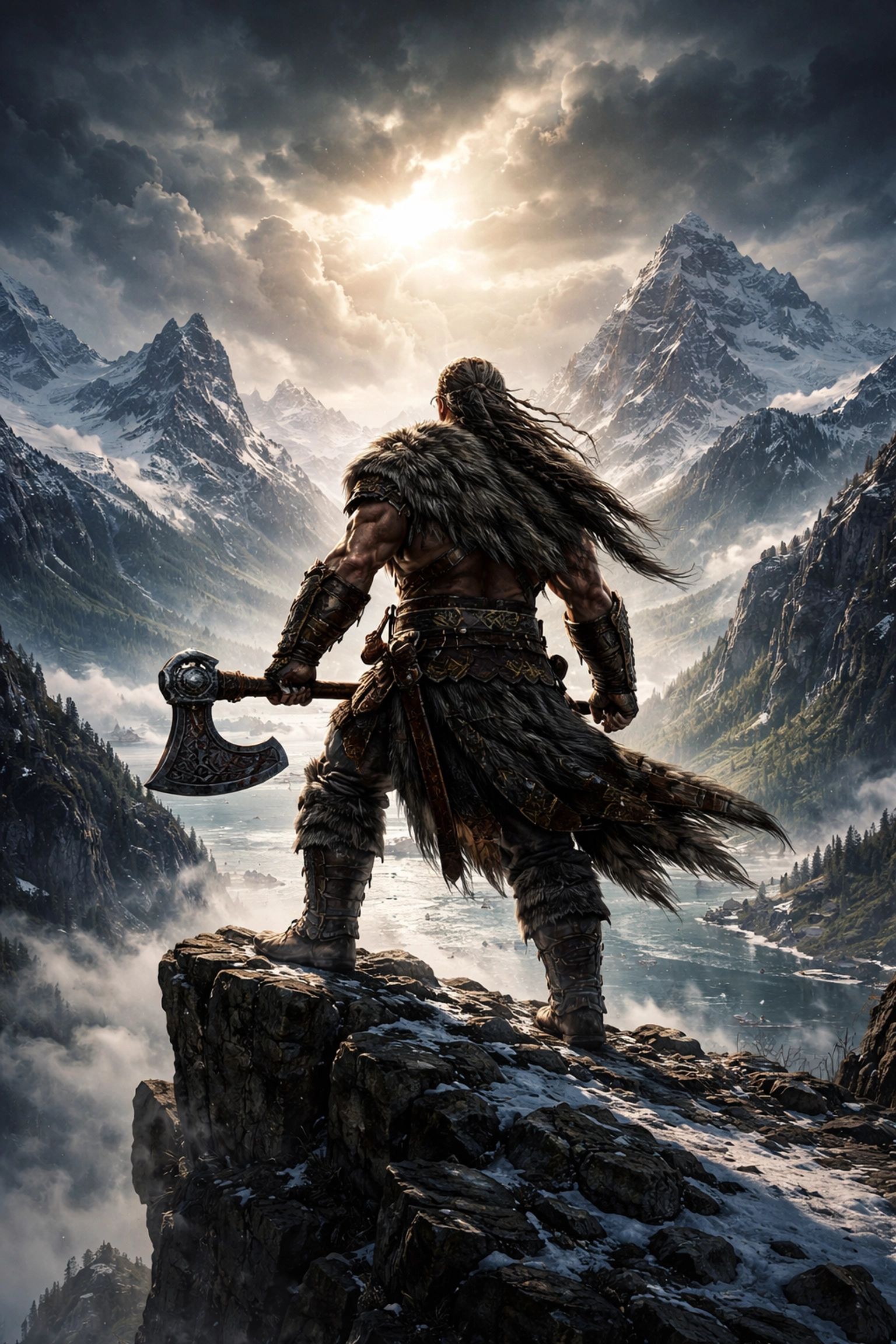 Epic Norse warrior stands on a rocky cliff, echoing God of War's fantasy action and gaming excitement
