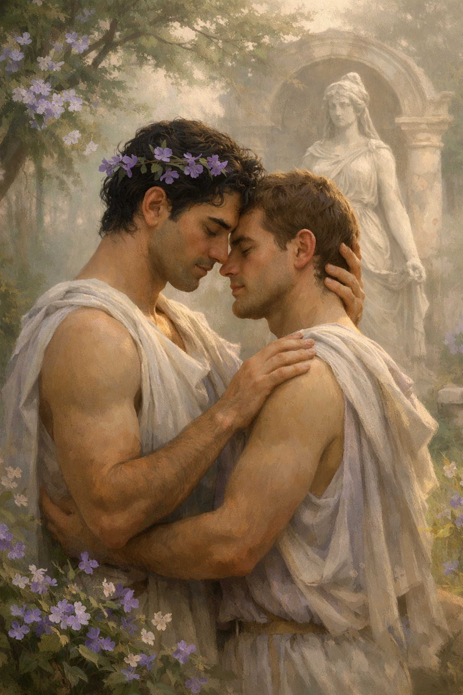 Two ancient Roman men in a floral sacred grove representing queer history and MM romance devotion.
