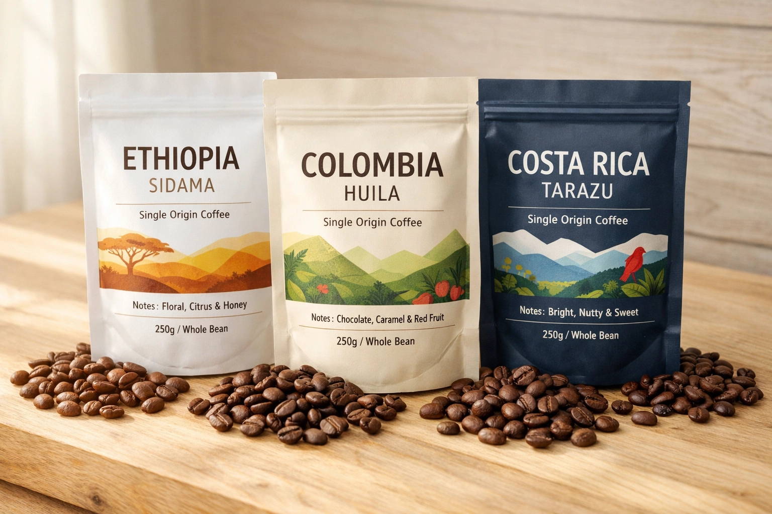 Single origin coffee bags with clear origin labels and fresh roasted beans