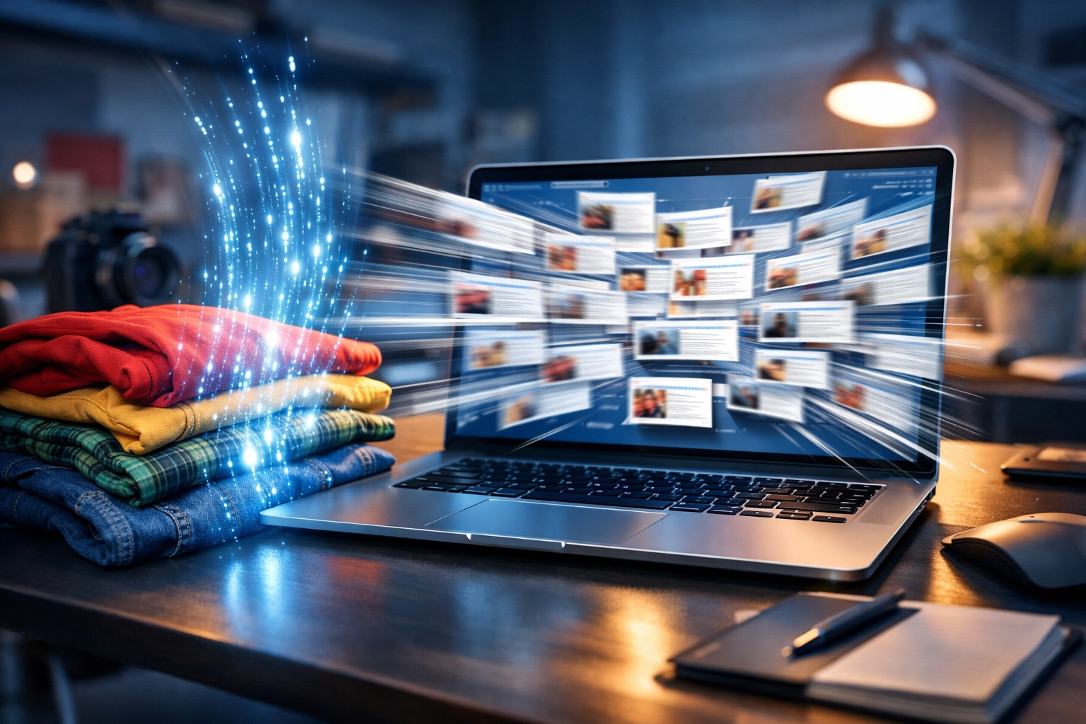 Digital workflow showing automated listing of vintage clothing for faster e-commerce business growth.