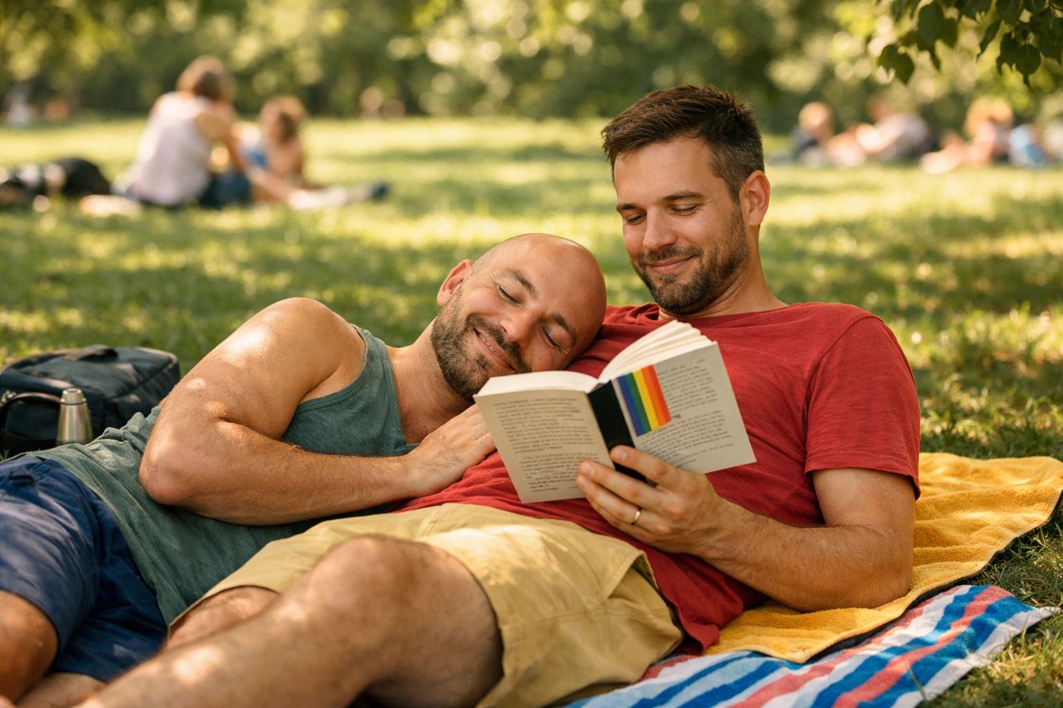 Gay couple reading books and sunbathing at Englischer Garten Munich