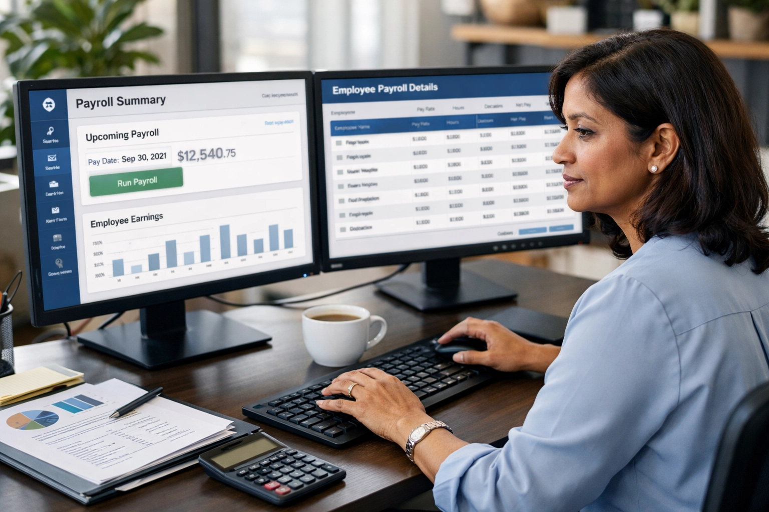 Small business owner managing payroll software and overtime tax calculations