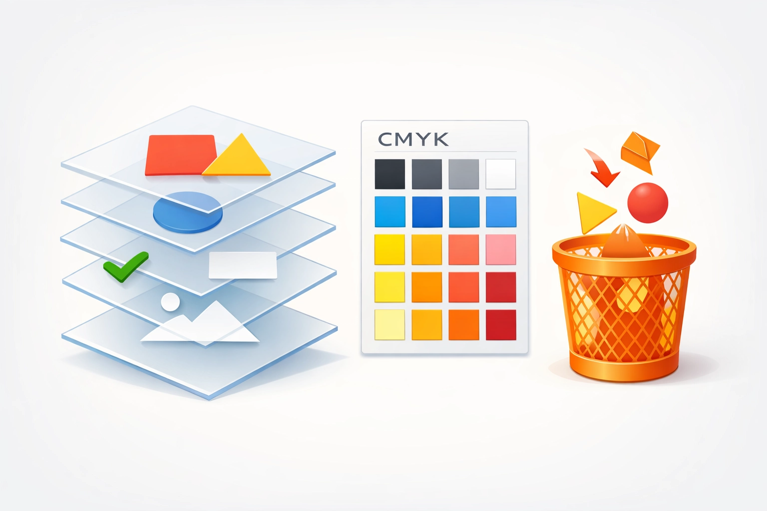 Organized layers panel and CMYK color swatches in Adobe Illustrator workspace