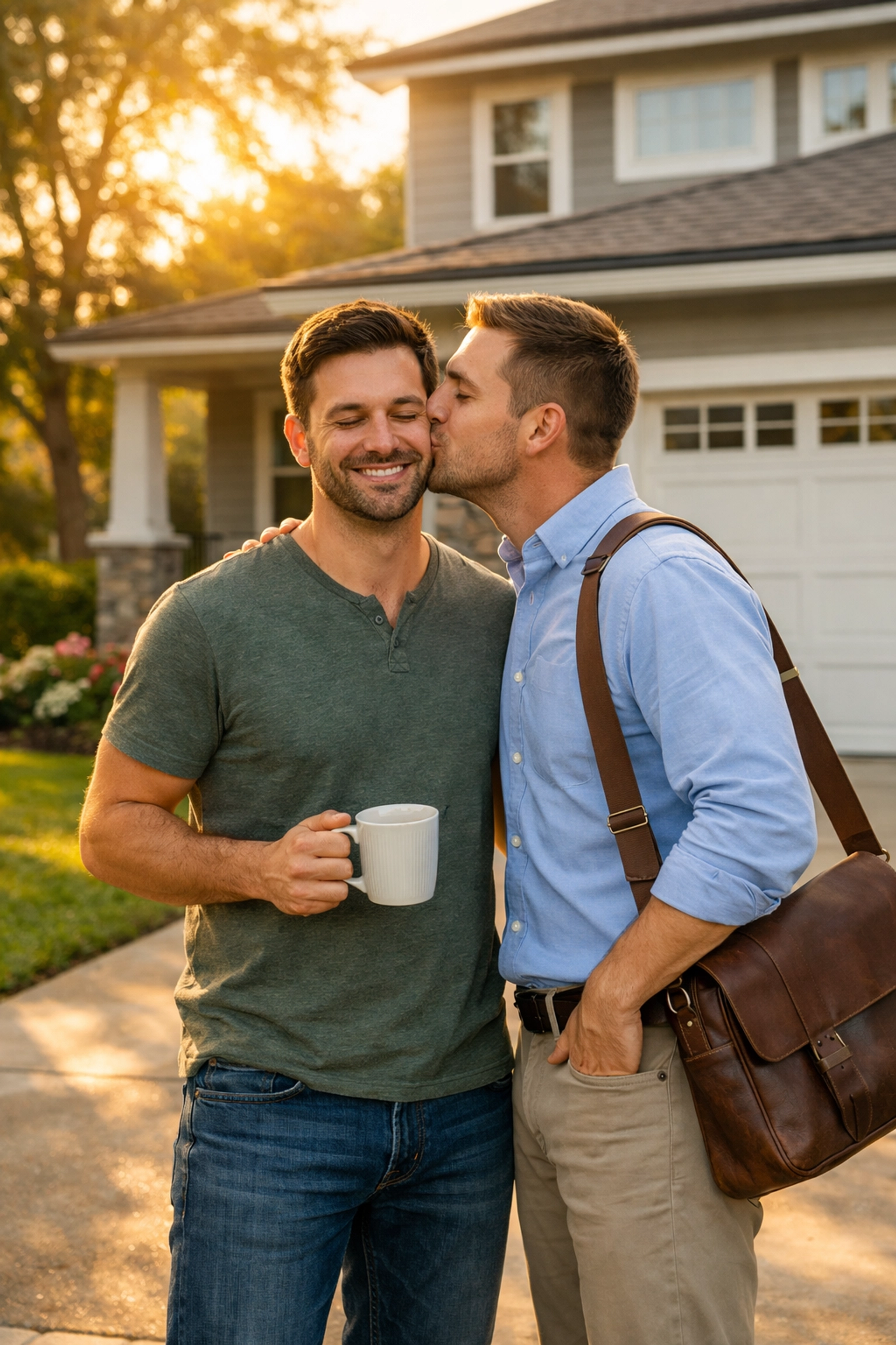 Gay married couple kissing goodbye in suburban driveway before work